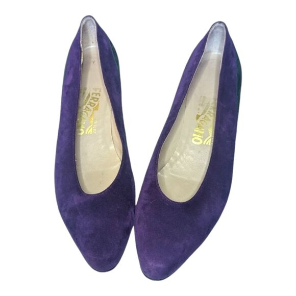 VTG Salvatore Ferragamo Purple Green Kitten Wedge Pointed Toe 9AA - Picture 1 of 7